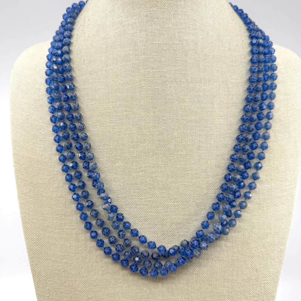 Blue Faceted Crackle Glass Bead Necklace Four Strand Boho Statement Layered